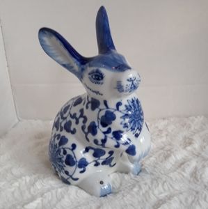 Ceramic Blue Chintzy Floral Bunny Rabbit Figurine